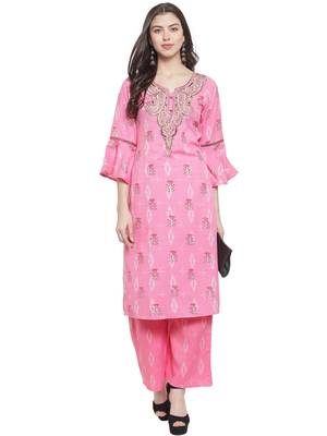 Pink Rayon Prined Kurta Palazzos Set 4