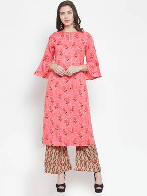 Peach Multi Rayon Prined Kurta Palazzos Set 1