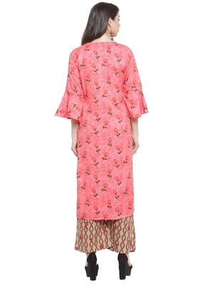 Peach Multi Rayon Prined Kurta Palazzos Set 3