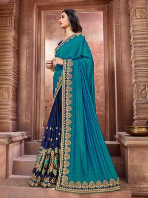 Blue embroidered art silk saree with blouse 2