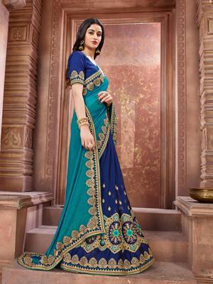 Blue embroidered art silk saree with blouse 3