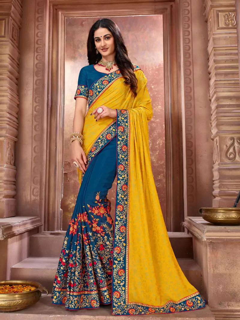 Yellow embroidered art silk saree with blouse