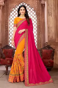 Pink embroidered art silk saree with blouse