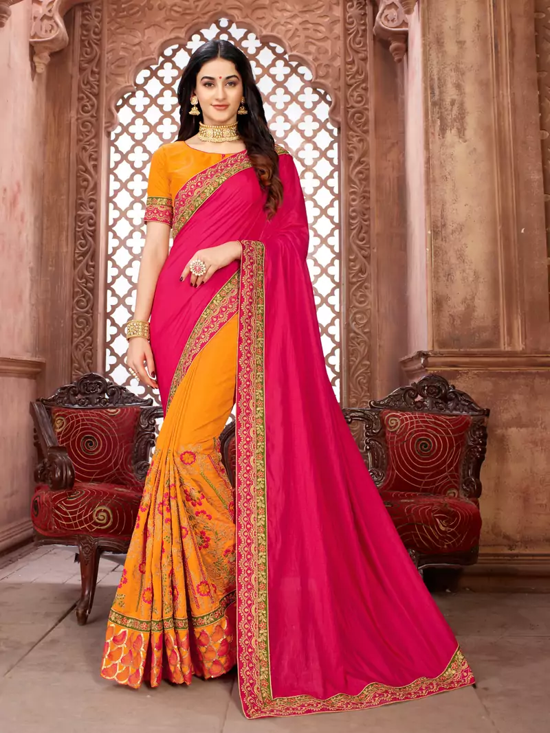 Pink embroidered art silk saree with blouse