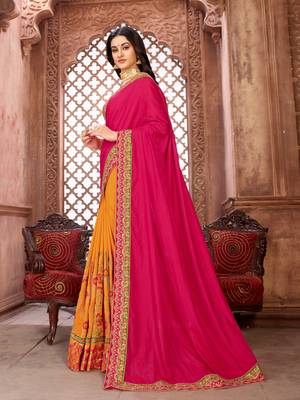 Pink embroidered art silk saree with blouse 2