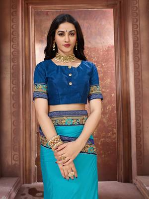 Blue embroidered art silk saree with blouse 4