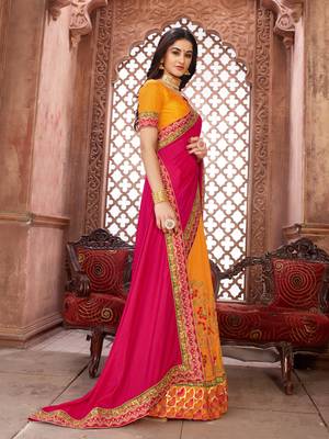Pink embroidered art silk saree with blouse 3