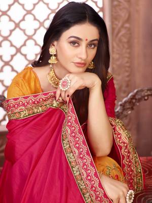 Pink embroidered art silk saree with blouse 4