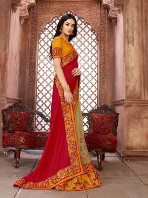 Red embroidered art silk saree with blouse 3
