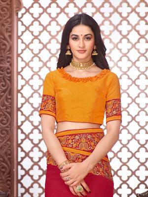 Red embroidered art silk saree with blouse 4