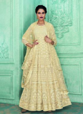 Cream Embroidered Faux Georgette Semi Stitched Salwar With Dupatta 1