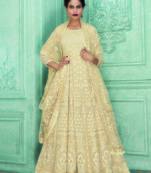 Cream Embroidered Faux Georgette Semi Stitched Salwar With Dupatta