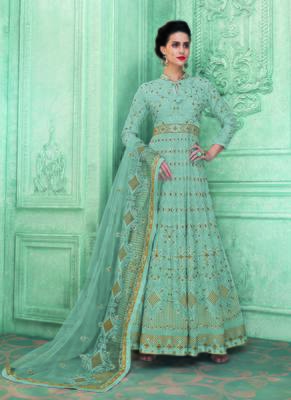 Blue Embroidered Faux Georgette Semi Stitched Salwar With Dupatta 1