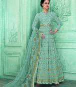 Blue Embroidered Faux Georgette Semi Stitched Salwar With Dupatta