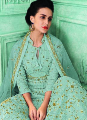 Blue Embroidered Faux Georgette Semi Stitched Salwar With Dupatta 2