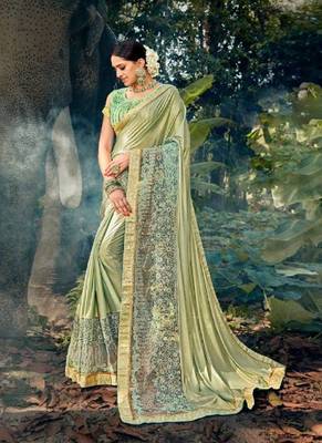 Olive embroidered lycra saree with blouse 1