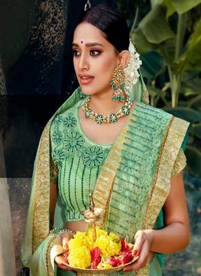 Olive embroidered lycra saree with blouse 2