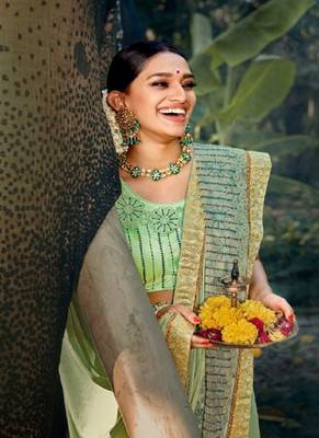 Olive embroidered lycra saree with blouse 3