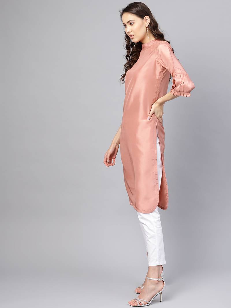 Pink Solid Silk Blend Stitched Kurtis