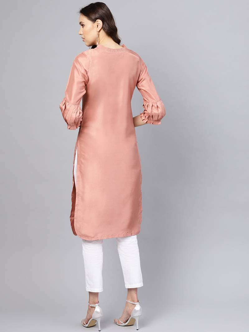 Pink Solid Silk Blend Stitched Kurtis