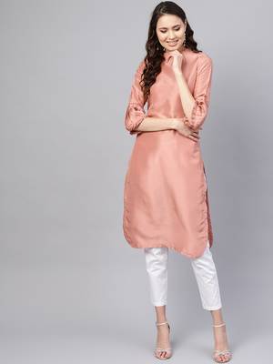 Pink Solid Silk Blend Stitched Kurtis 5