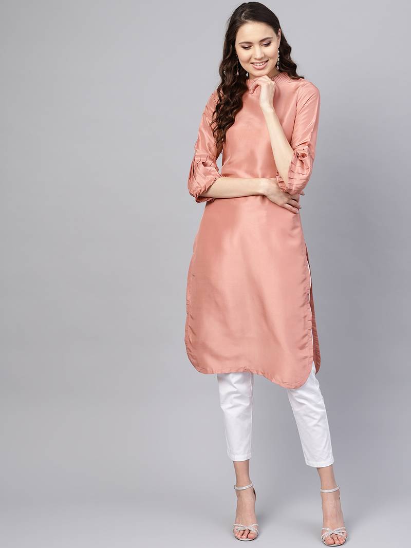 Pink Solid Silk Blend Stitched Kurtis
