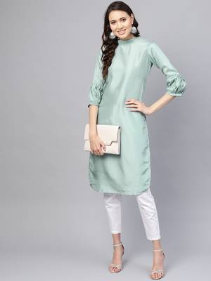 Green Solid Silk Blend Stitched Kurtis 1