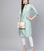 Green Solid Silk Blend Stitched Kurtis