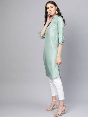 Green Solid Silk Blend Stitched Kurtis 2