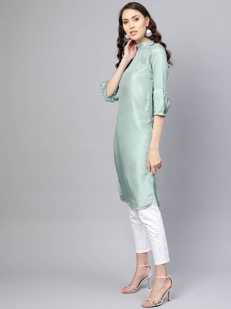 Green Solid Silk Blend Stitched Kurtis