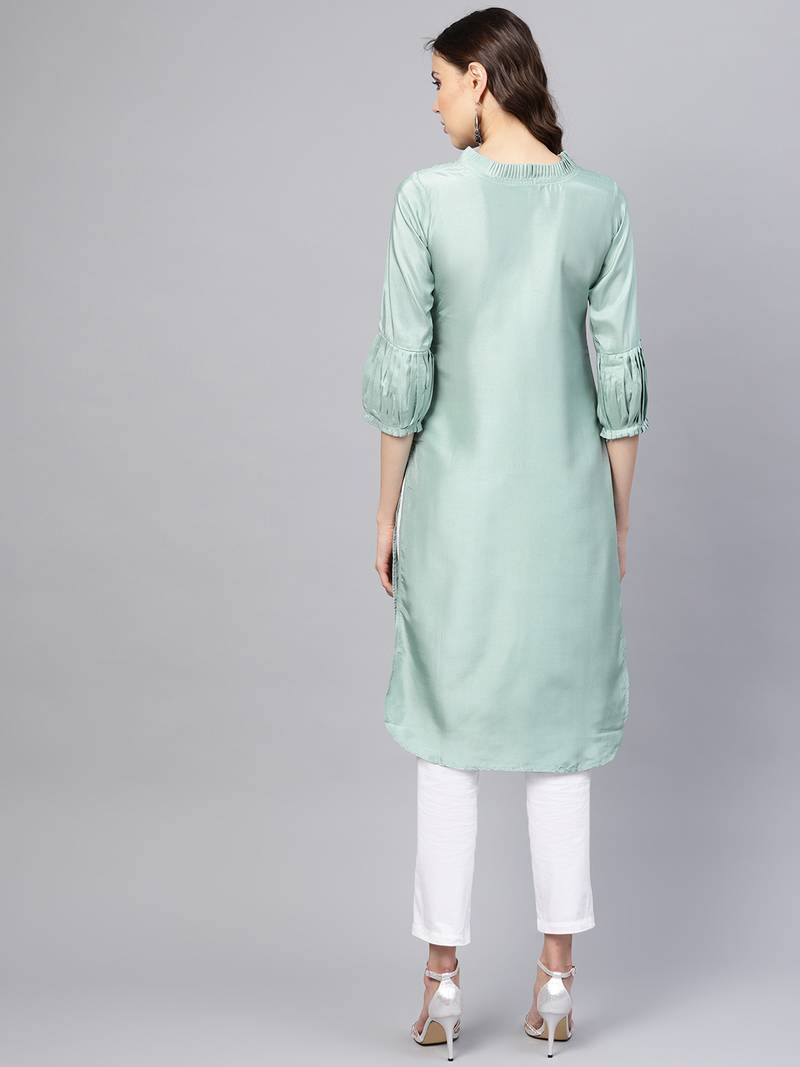 Green Solid Silk Blend Stitched Kurtis