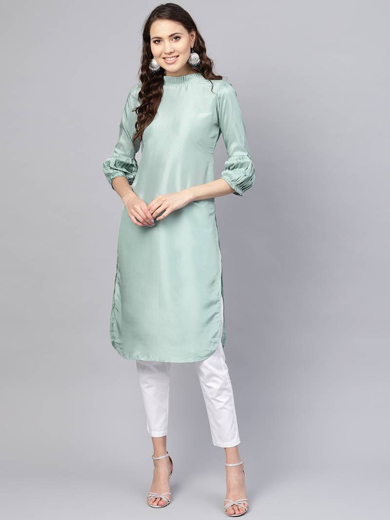 Green Solid Silk Blend Stitched Kurtis