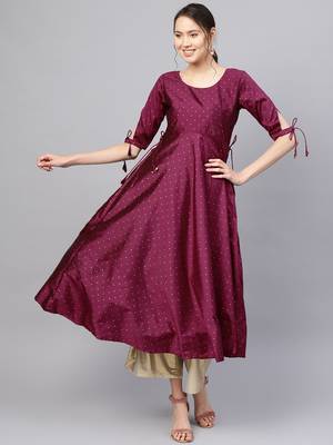 Inddus Purple Silk Blend Anarkali Woven Kurta 1