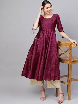 Inddus Purple Silk Blend Anarkali Woven Kurta 4