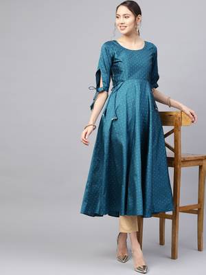 Inddus Teal Blue Silk Blend Anarkali Woven Kurta 1