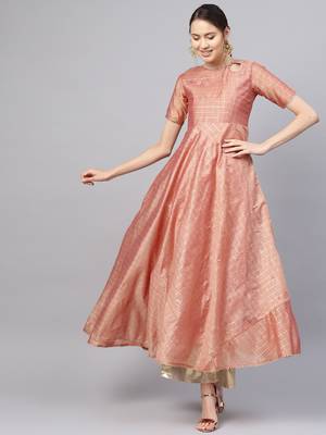 Inddus Peach Chanderi Cotton Checks Kurta 1