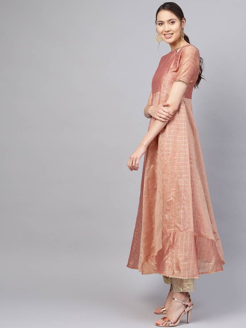 Inddus Peach Chanderi Cotton Checks Kurta