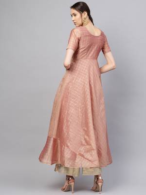Inddus Peach Chanderi Cotton Checks Kurta 3