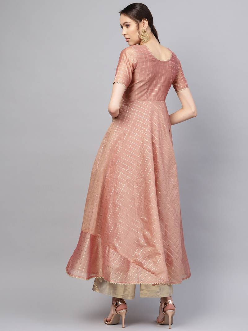 Inddus Peach Chanderi Cotton Checks Kurta