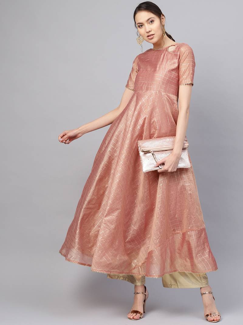 Inddus Peach Chanderi Cotton Checks Kurta