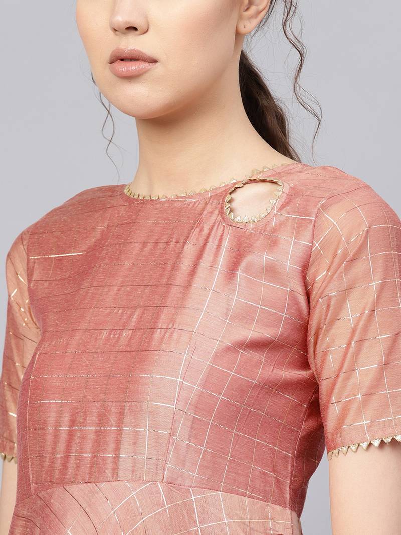 Inddus Peach Chanderi Cotton Checks Kurta