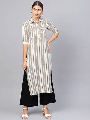 Inndus Beige Rayon Cotton Striped Kurta 1