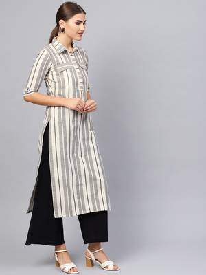 Inndus Beige Rayon Cotton Striped Kurta 2