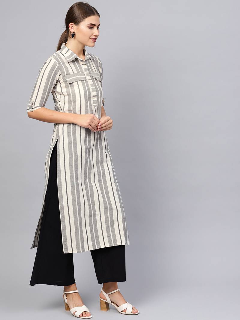 Inndus Beige Rayon Cotton Striped Kurta