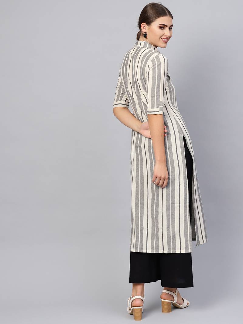 Inndus Beige Rayon Cotton Striped Kurta