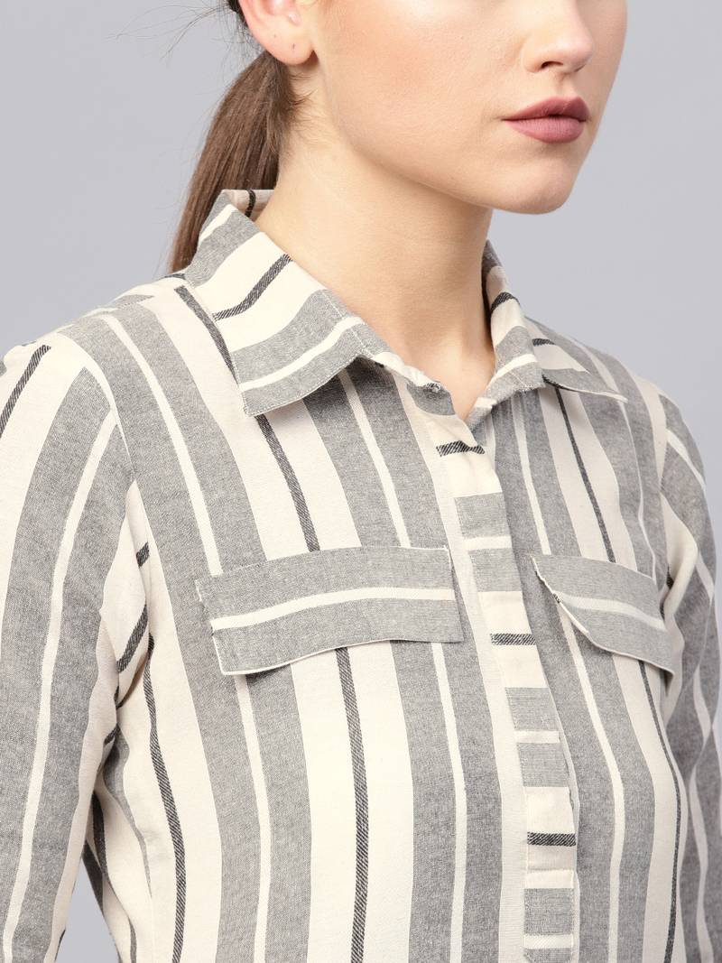 Inndus Beige Rayon Cotton Striped Kurta