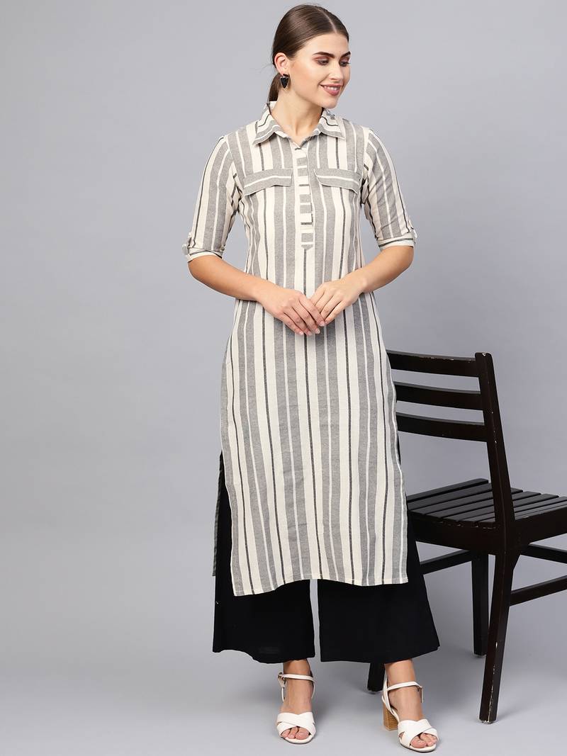 Inndus Beige Rayon Cotton Striped Kurta