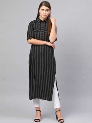 Inddus Black Cotton Striped Kurta 1
