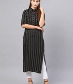 Inddus Black Cotton Striped Kurta
