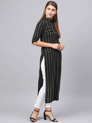 Inddus Black Cotton Striped Kurta 2